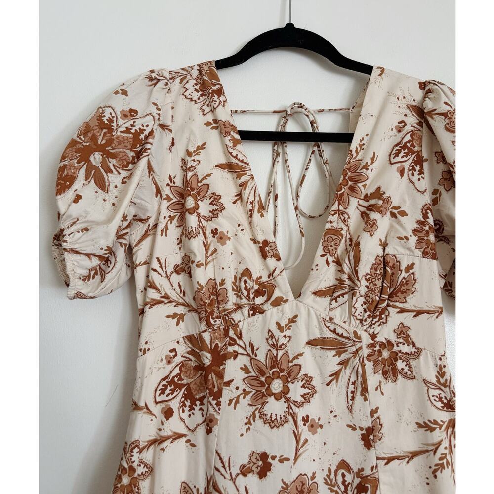Tan Brown Abercrombie Puff Sleeve Floral Poplin Midi Dress S - Picture 3 of 8
